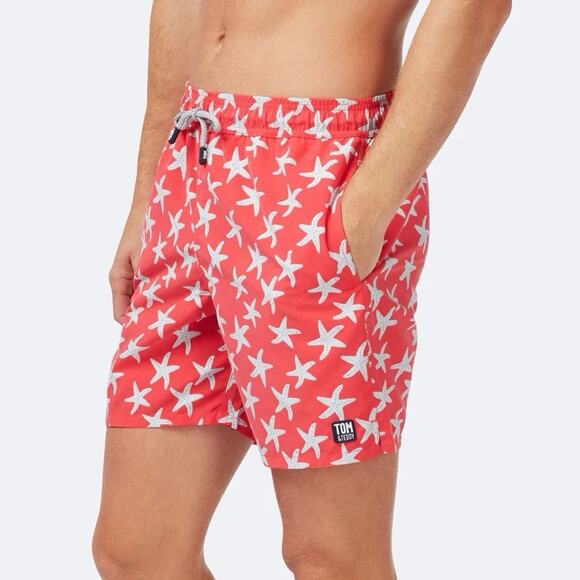 NWT Tom and Teddy Swim Trunks Rose And Blue Print Starfish Mesh Lined Red L - Picture 1 of 5